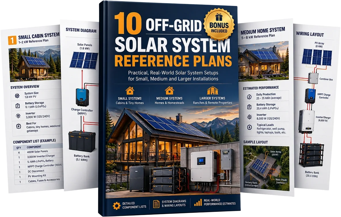10 Off-Grid Solar System Reference Plans book with sample plan pages