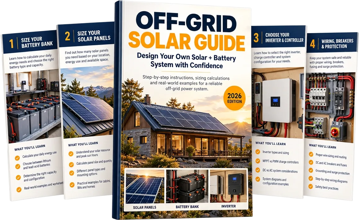 Off-Grid Solar Guide with four illustrated chapter previews